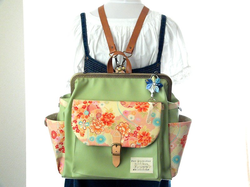 Made in japan 　３WAYBackpack　Big size　Japanese pattern KODEMARI - Backpacks - Genuine Leather Green