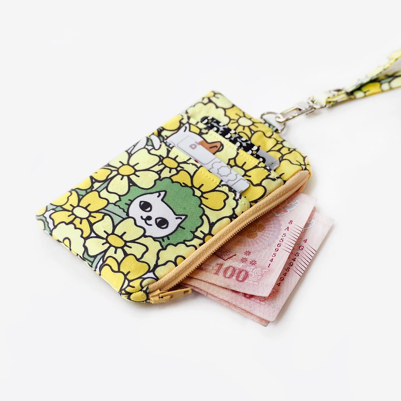 ID wallet with lanyard - Wildflower Cats size 8x13 cm. - 散紙包 - 棉．麻 黃色