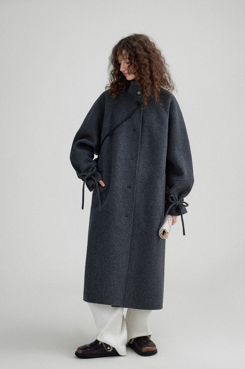 Double-faced sheep wool stand collar coat with detachable bow - Women's Blazers & Trench Coats - Other Materials Gray