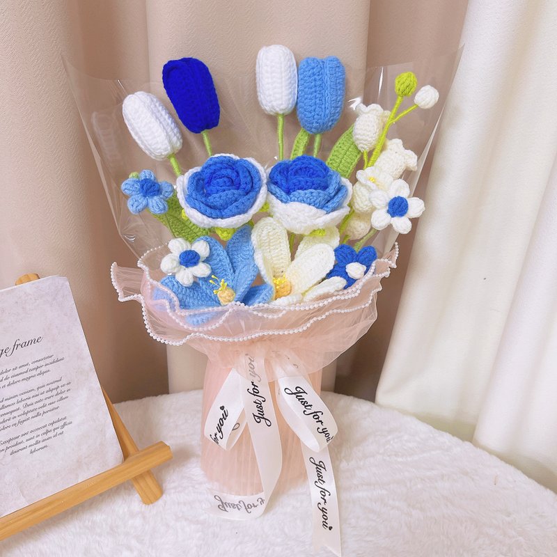 Handmade Crocheted Oceanic Serenity Bouquet - Blue Roses, Larkspur, Tulips - Dried Flowers & Bouquets - Cotton & Hemp Blue