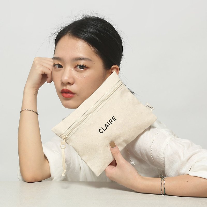 [Customized text] Pure Beige LayBag Drowsiness Pack Makeup Small Kit - Clutch Bags - Cotton & Hemp White