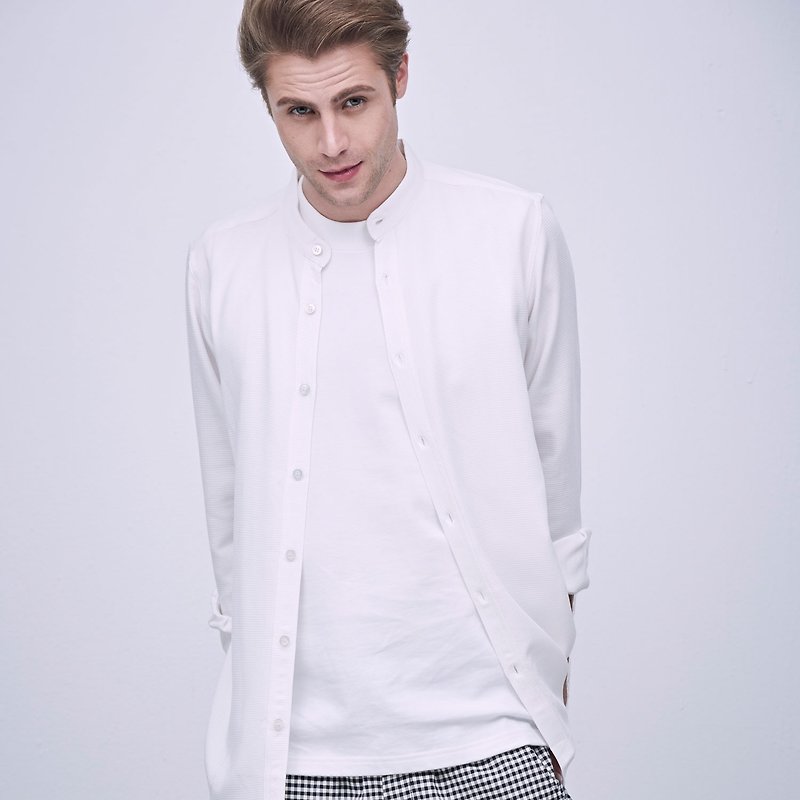 Stone@S Plaid Shirt In White / 立領 格子 格紋 襯衫 - 男裝 恤衫 - 棉．麻 白色