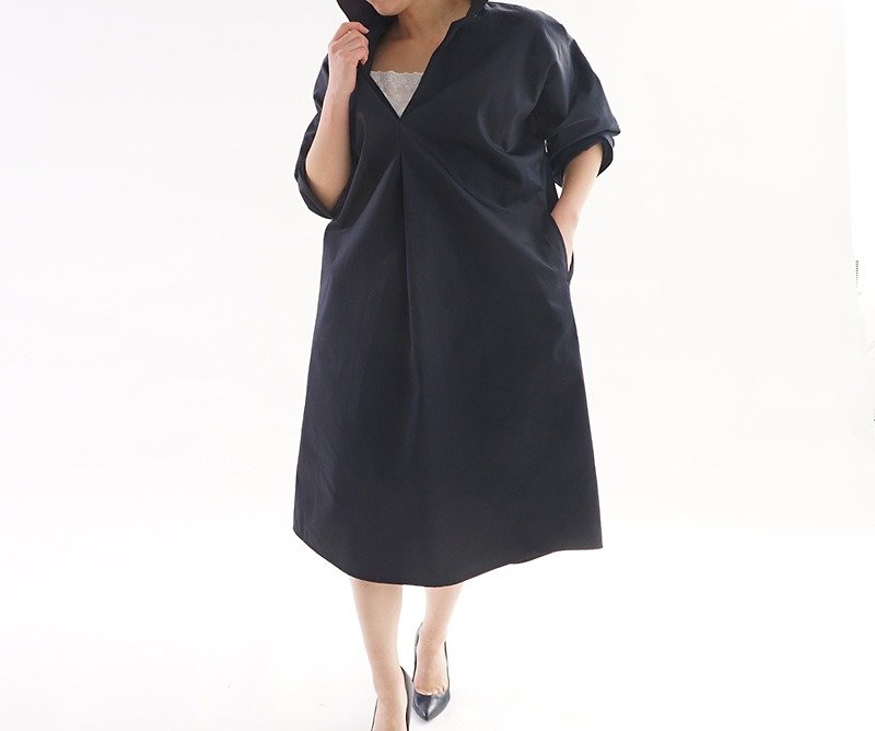 ＜限定価格＞さらすべコットン高密度 シャツ スキッパー ワンピース/ブラック a70-3 - 連身裙 - 其他材質 黑色