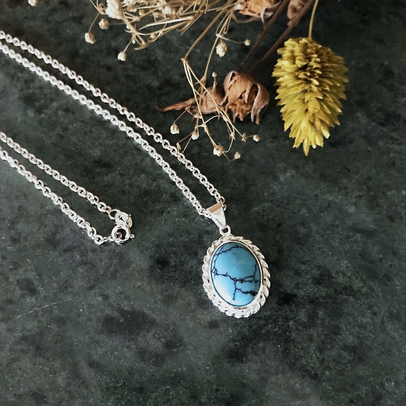 Sterling silver / gem package inlaid / imitation blue turquoise / Màn workers - สร้อยคอ - โลหะ สีเงิน