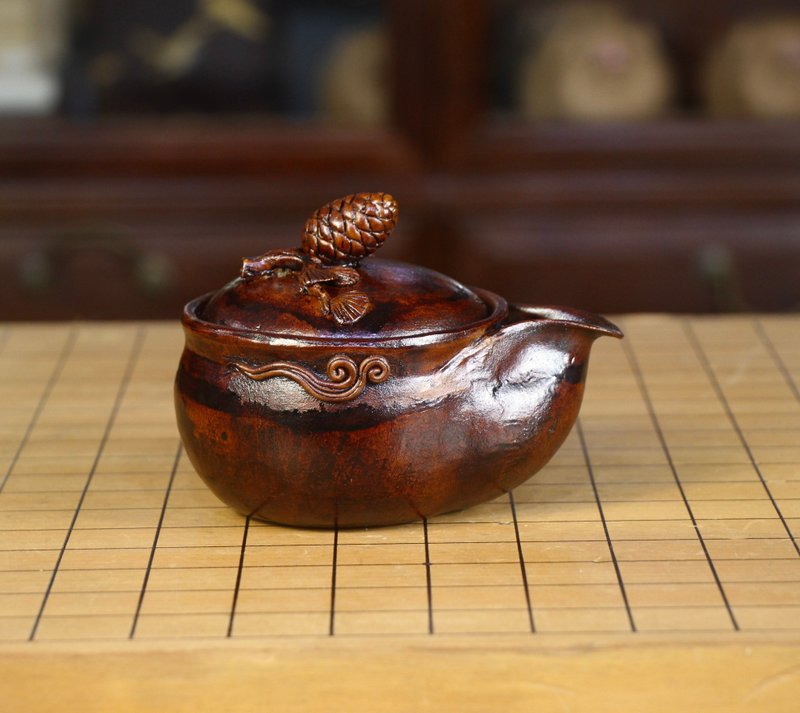 Lacquer pine cone vase pure handmade teapot Japanese hand-clawed teapot teapot lid bowl - Teapots & Teacups - Pottery Brown