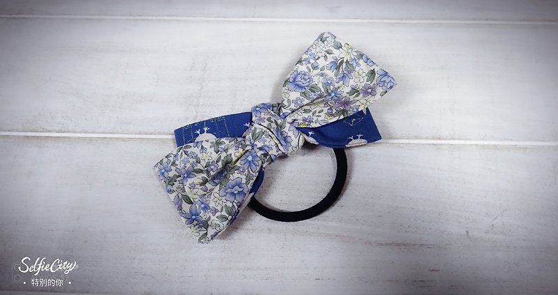 Pink blue small floral bird pattern double bow hair bundle - Hair Accessories - Other Materials Blue