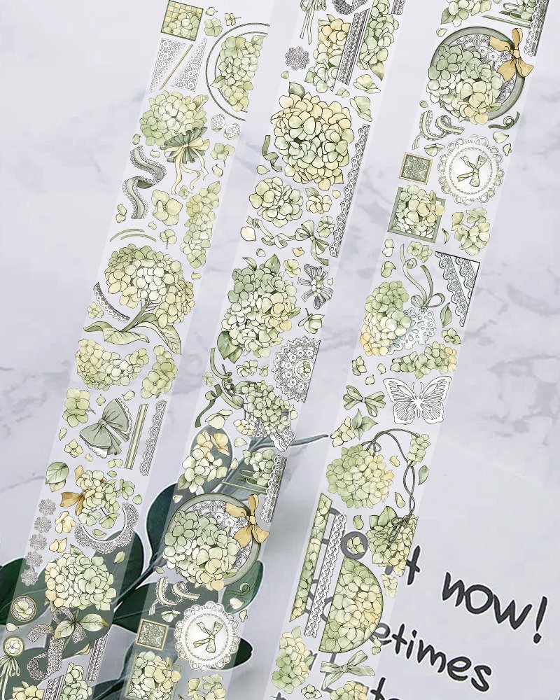 Flower Cluster Green PET Paper Tape White Ink Shell Light 10m Roll - มาสกิ้งเทป - พลาสติก หลากหลายสี