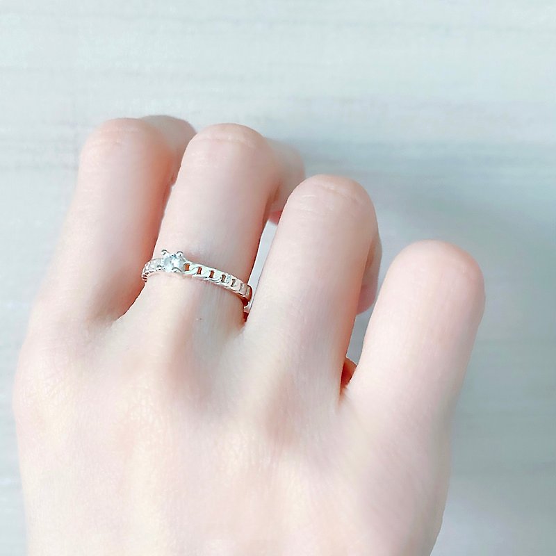 單鑽鋯石鎖鏈-純銀素銀戒指-尾戒-可調式-四月誕生石 - 戒指 - 純銀 銀色