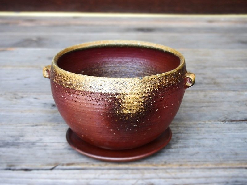 Bizen flower pot 【With saucer】 u-029 - Plants - Pottery Brown