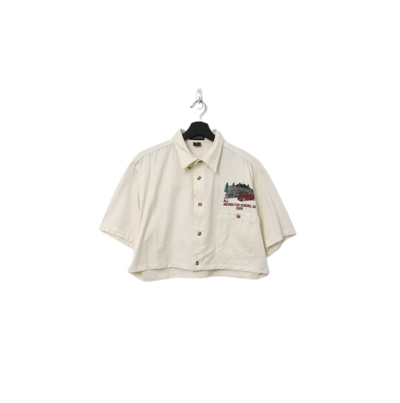 Back to Green-再製刺繡短板襯衫 車與火車ds-23//vintage shirt - 女襯衫 - 棉．麻 