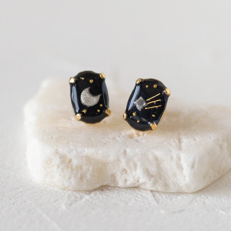 Stone Earrings / Clip-On/ Moon and Stars - Earrings & Clip-ons - Plastic Black