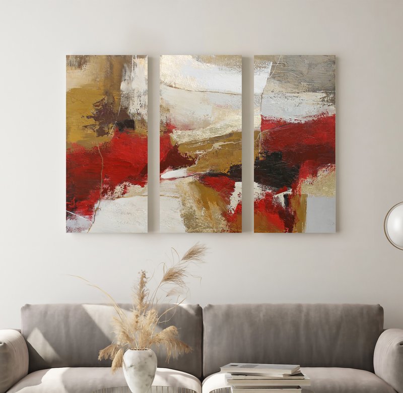 Red abstract painting | Painting Red abstract Triptych | Passion Triptych - 壁貼/牆壁裝飾 - 棉．麻 紅色