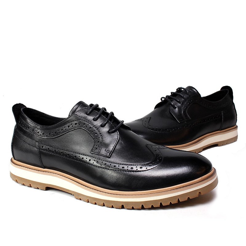 Sixlips British Fashion Long Wing Derby Casual Shoes Black - รองเท้าอ็อกฟอร์ดผู้ชาย - หนังแท้ สีดำ