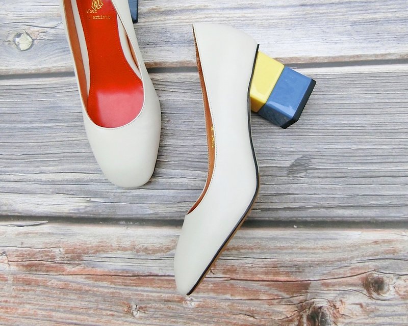 Two-tone block leather heel shoes || One-third of the sun white rose || #8112 - รองเท้าหนังผู้หญิง - หนังแท้ ขาว