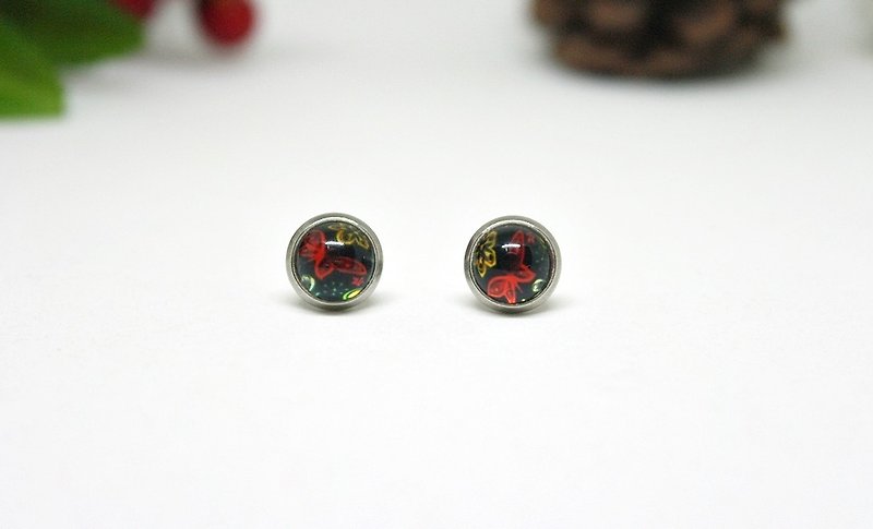 Time Gemstone X Stainless Steel Pin Earrings *Red Butterfly *➪Limited X1 - ต่างหู - โลหะ สีดำ