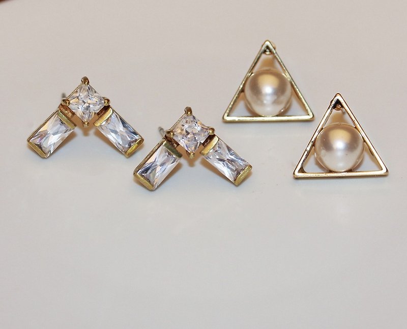 2017goodybag brass triangular pearl zircon earrings - Earrings & Clip-ons - Gemstone White
