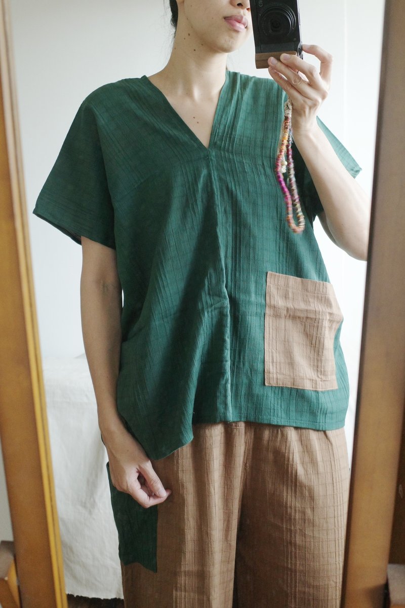 泰國純棉織紋口袋直身上衣 兩色 - 女上衣/長袖上衣 - 棉．麻 