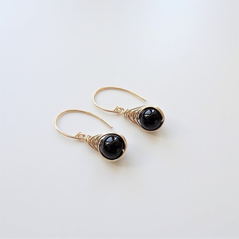 Black Onyx Herringbone Wire Wrapped Charm 14K GF Handmade Dangle Earrings - Earrings & Clip-ons - Semi-Precious Stones Black
