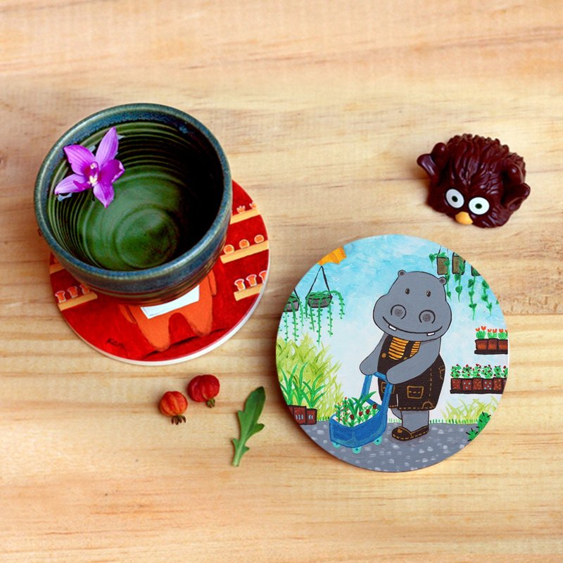 Ceramic absorbent coaster∣ Xiaole visit the flower market - ที่รองแก้ว - เครื่องลายคราม หลากหลายสี