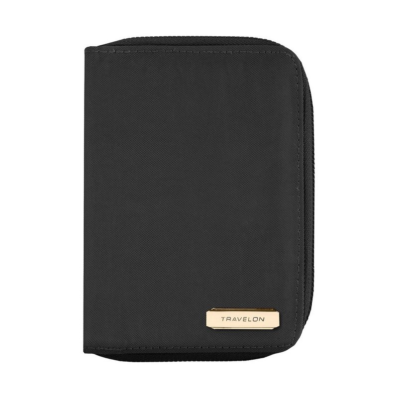 【TRAVELON】二つ折りジッパーパスポートケース（ブラック）| RFIDスキミング防止保護ケース - パスポートケース - ナイロン ブラック