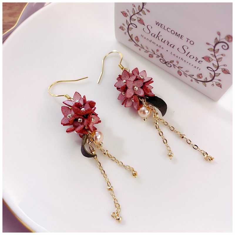 皮革花耳環 | 密集繡球花球形配珍珠及流蘇耳環 - 擺飾/家飾品 - 真皮 粉紅色