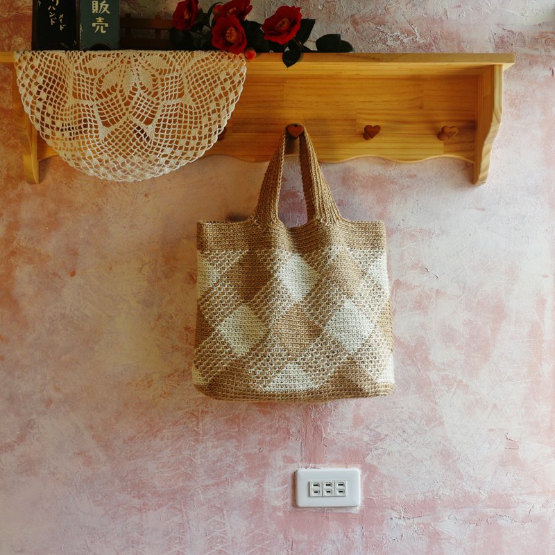 [Customized] Handmade handwoven/ Linen rope woven handbag/tote bag/ Linen bag - Handbags & Totes - Cotton & Hemp Khaki