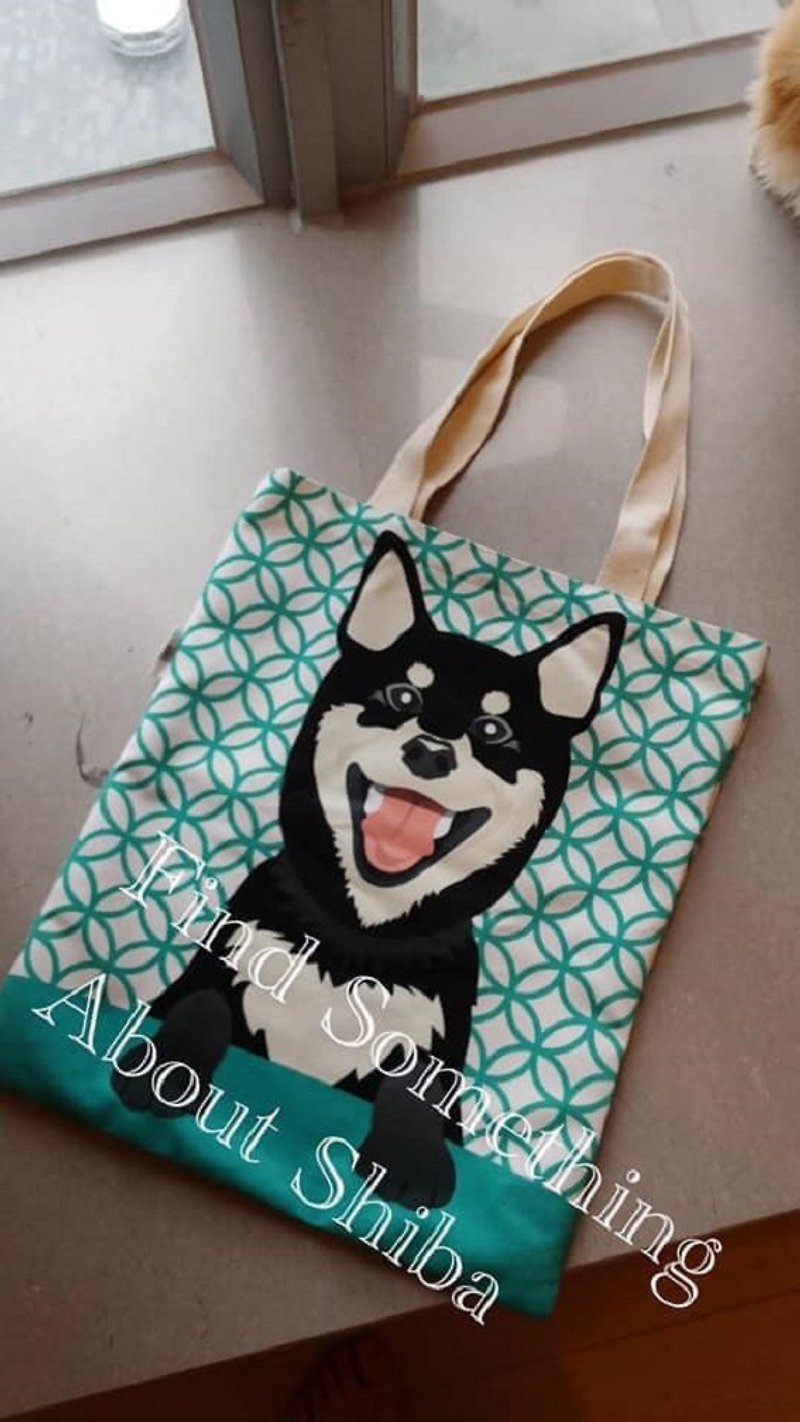 自家設計黑柴犬日本和風系環保包 - 手袋/手提袋 - 棉．麻 綠色
