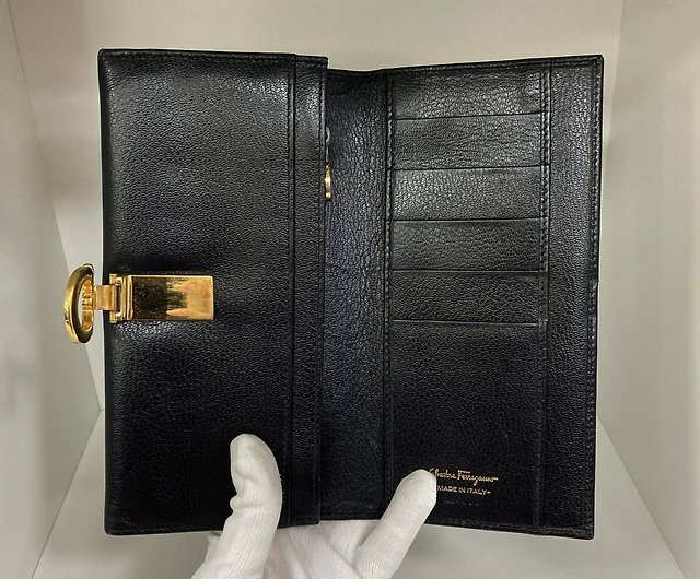 Salvatore Ferragamo Wallet AO-22 1284 Gancini Black Gold Authentic Used  w/Box