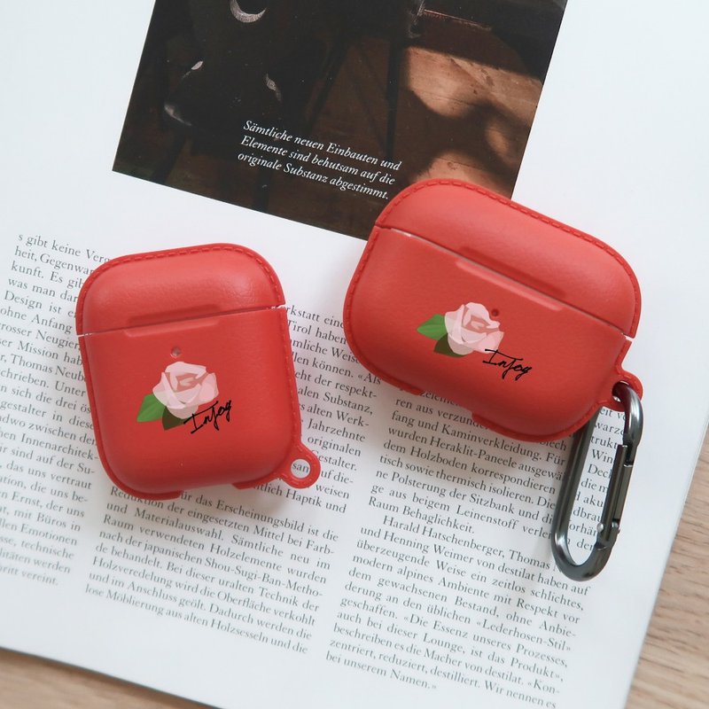 AirPods / AirPods Pro 初戀粉玫瑰 保護套 TPU收納盒 附掛勾 - AirPods/耳機保護套 - 塑膠 紅色