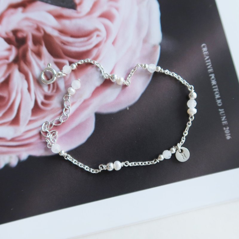 925 sterling silver dot starlight white moonstone pearl customized engraving bracelet free gift packaging - สร้อยข้อมือ - เงินแท้ ขาว