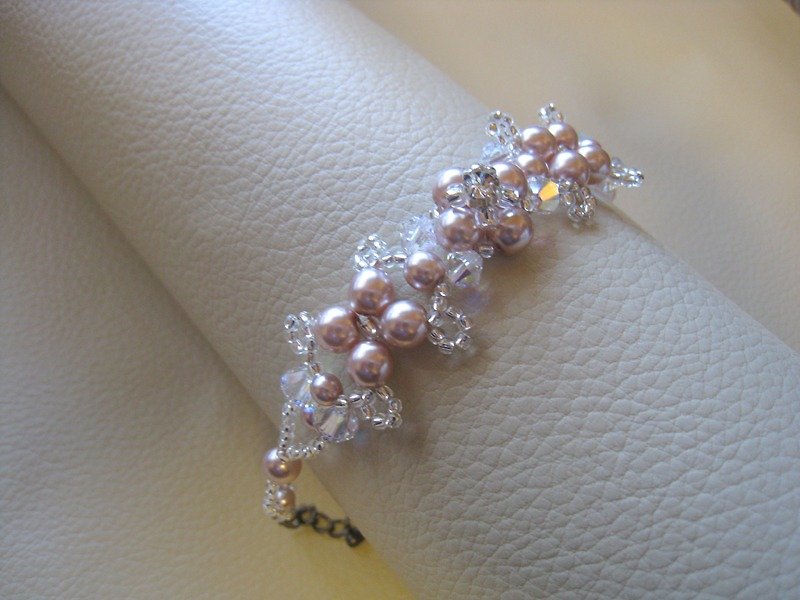 Czech Glass Pearl & Swarovski Crystal Bracelet / JAB : Pink Bridal* - Bracelets - Glass Pink