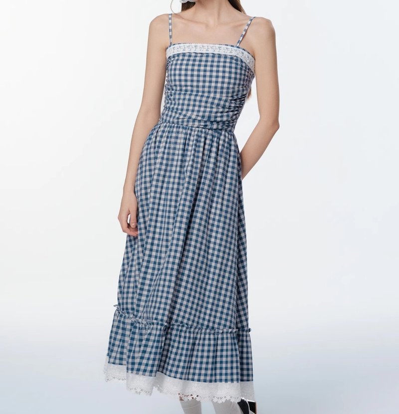 French elegant blue plaid suspender dress holiday style - ชุดเดรส - วัสดุอื่นๆ สีน้ำเงิน