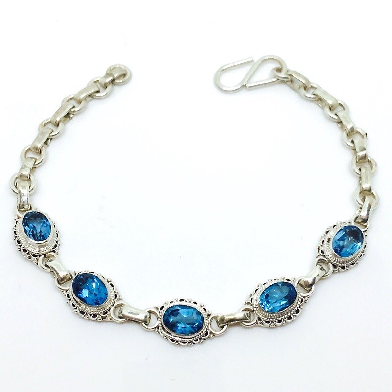 Blue topaz 925 sterling silver elegant lace bracelet Nepal handmade mosaic production - สร้อยข้อมือ - เครื่องเพชรพลอย สีน้ำเงิน