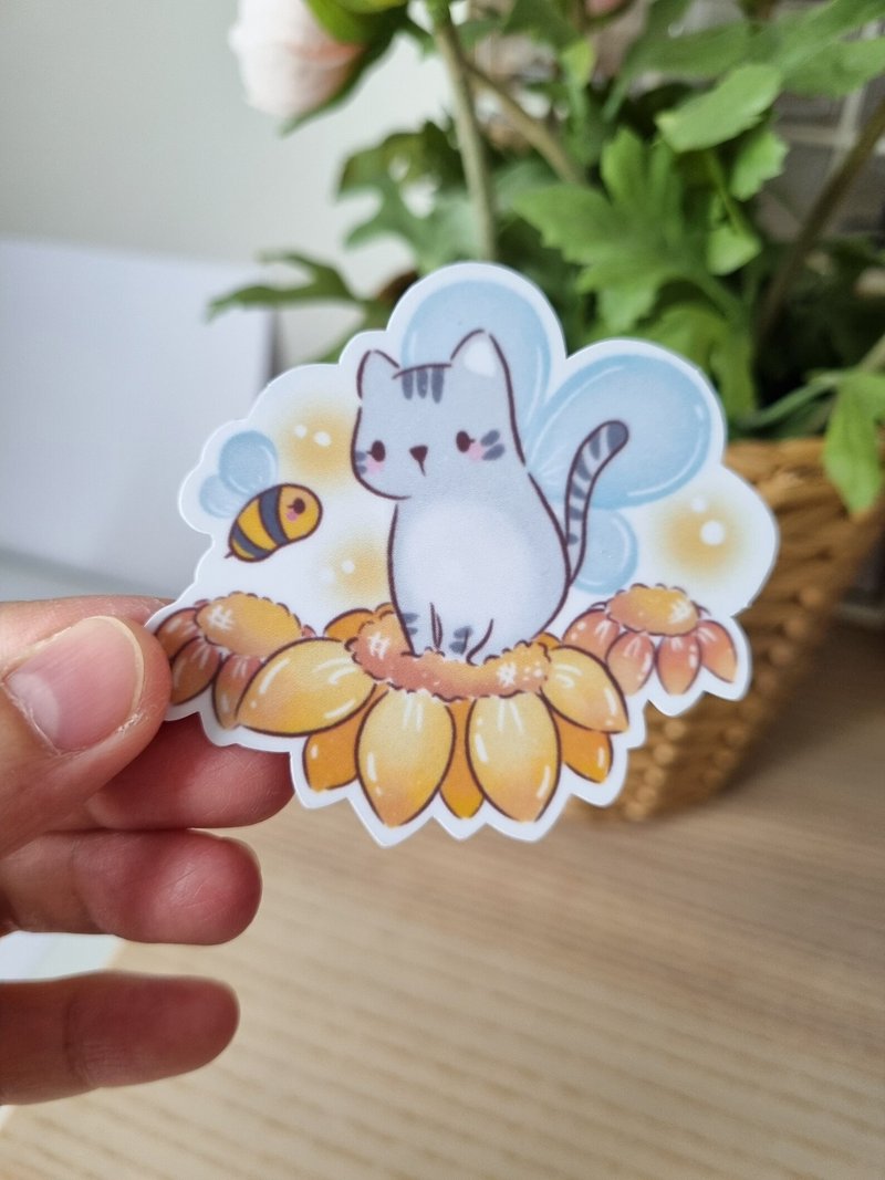 Cat and bee in the flower garden. Die-cut stickers. - สติกเกอร์ - พลาสติก หลากหลายสี