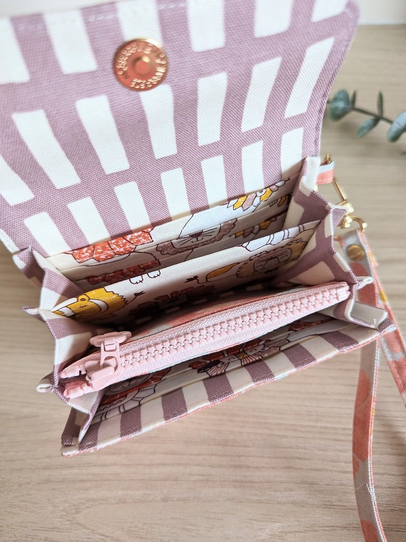 Handmade four-layer coin purse - pink and orange flower multi-color model with 5 card layers + lanyard - กระเป๋าสตางค์ - ผ้าฝ้าย/ผ้าลินิน 