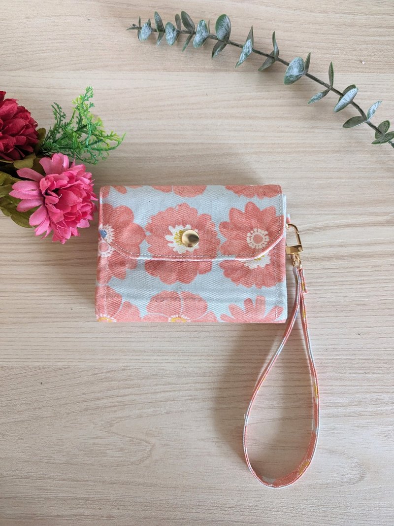 Handmade four-layer coin purse - pink and orange flower multi-color model with 6 card layers + lanyard - Coin Purses - Cotton & Hemp 