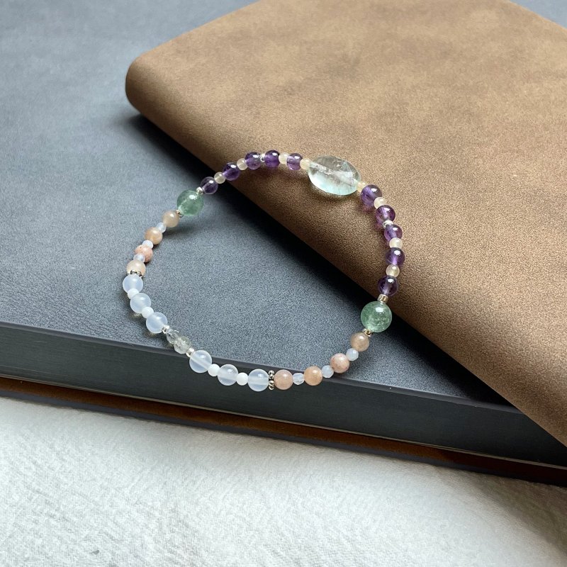 Fluorite Amethyst White Agate Labradorite Natural Crystal Japanese Handmade Gift Energy Stone Bracelet - Bracelets - Crystal Purple