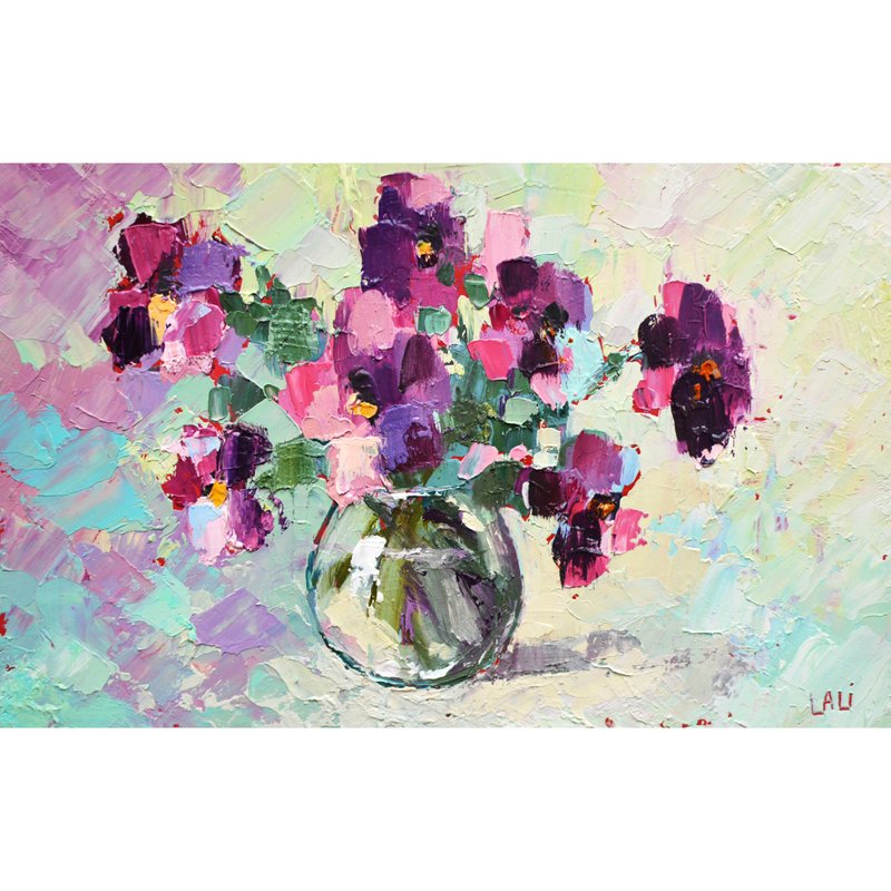 原始油畫 20x12cm 菊花紫色現代藝術花瓶裡的櫻花 - 插畫/繪畫/寫字 - 其他材質 紫色