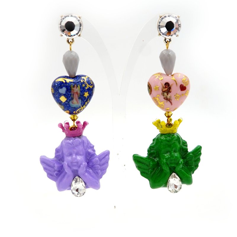 [Cupid Series] Colorful Baroque pattern printed handmade heart-shaped beads with angel earrings - ต่างหู - วัสดุอื่นๆ หลากหลายสี