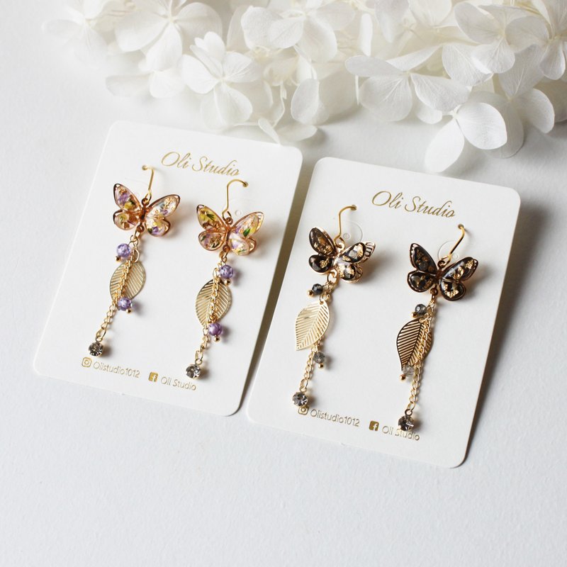 [Butterfly Earrings] Pastoral Floral Butterfly Earrings and Clip-On - Earrings & Clip-ons - Resin Multicolor