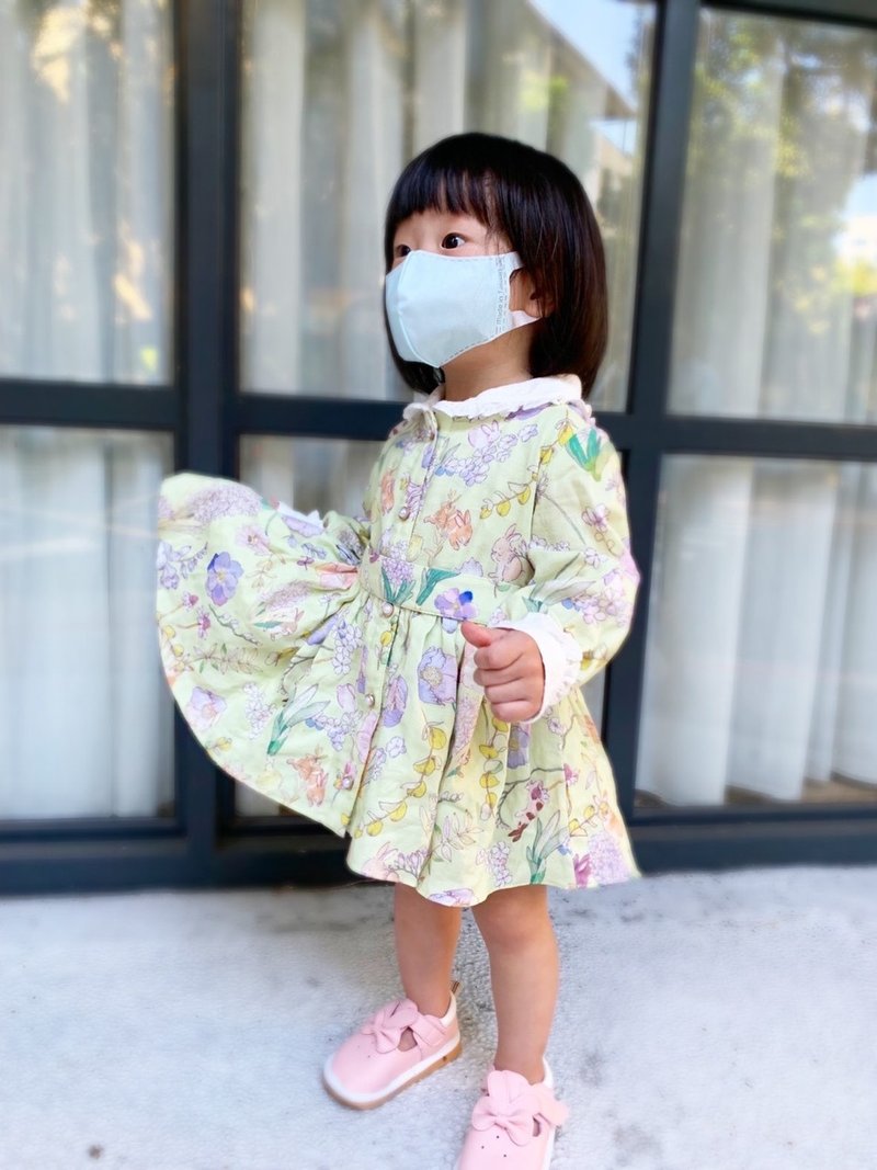 【KID SIZE 80-130】英倫花園小童洋裝 水藍 附綁帶 - 女童洋裝/裙子 - 棉．麻 綠色