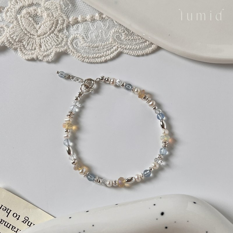 Opal Aquamarine Sparkling Diamond Freshwater Pearl/Natural Crystal Bracelet Customized Gift - สร้อยข้อมือ - คริสตัล สีน้ำเงิน