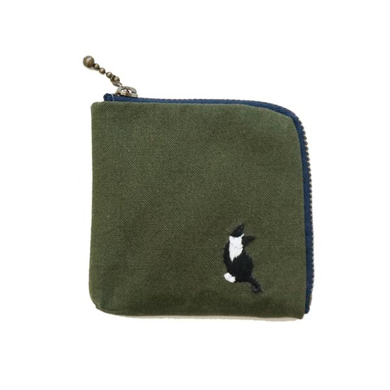 Exclusive order-hand-embroidered custom cat L square small wallet - Wallets - Cotton & Hemp Green