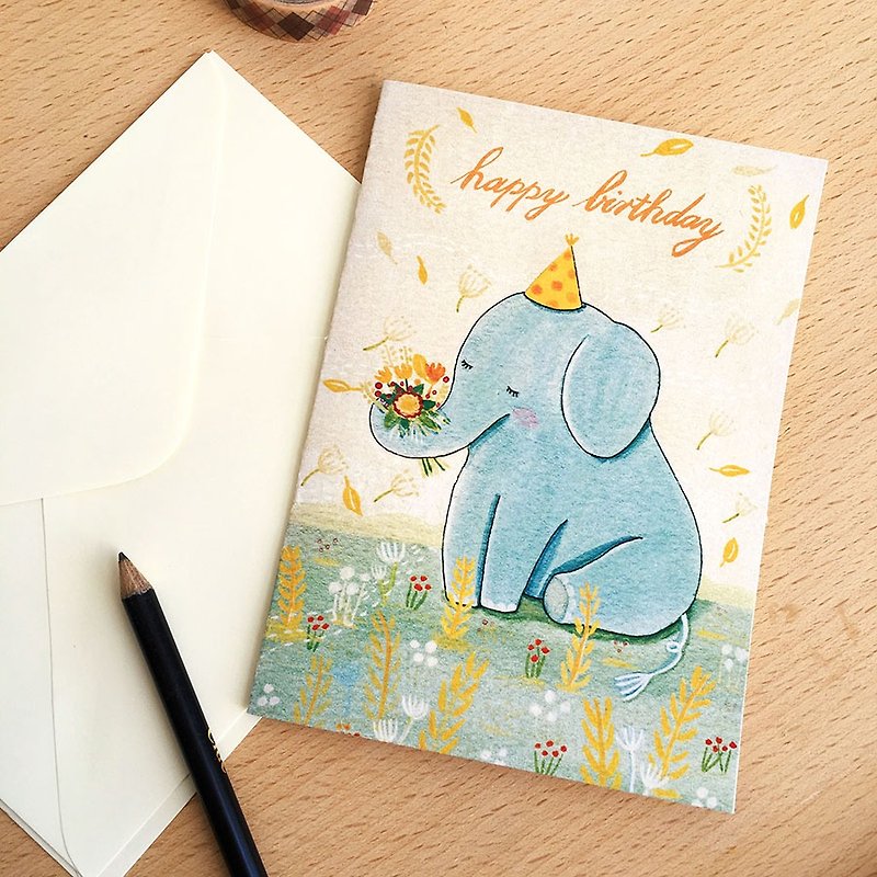 birthday card-Blue Elephant-with envelope - การ์ด/โปสการ์ด - กระดาษ 