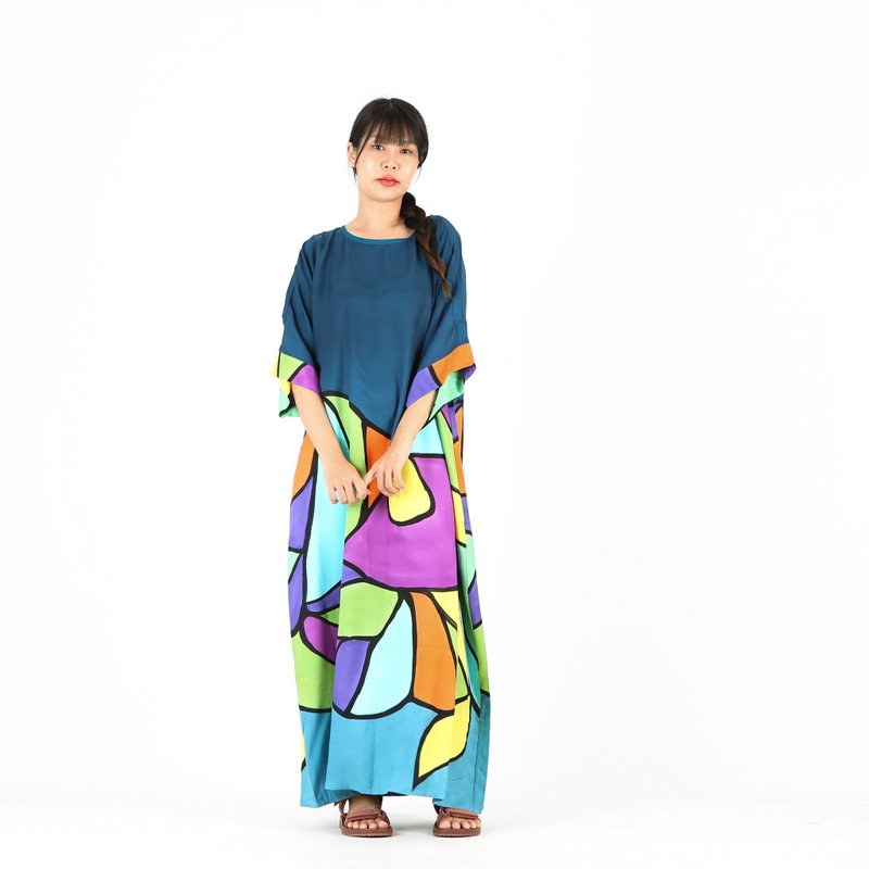 Kaftan Silk Hand Paint Free Size - 洋裝/連身裙 - 絲．絹 藍色