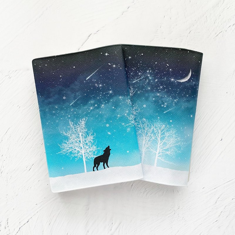 Book Cover Winter starry sky and wolf  / paperback / Fake leather / star / moon - Book Covers - Faux Leather Blue