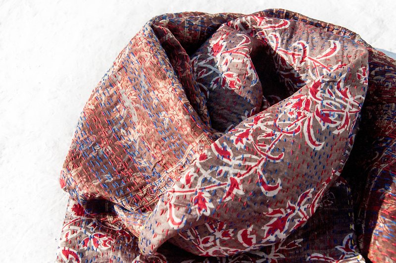 Hand-stitched sari silk scarf / silk embroidery scarf / Indian silk embroidery scarves - vintage red flowers - Knit Scarves & Wraps - Silk Multicolor