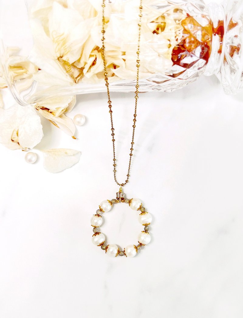 Minertés+Pearl‧Spectrum Stone Gold Bronze Necklace+ - สร้อยคอ - ไข่มุก ขาว