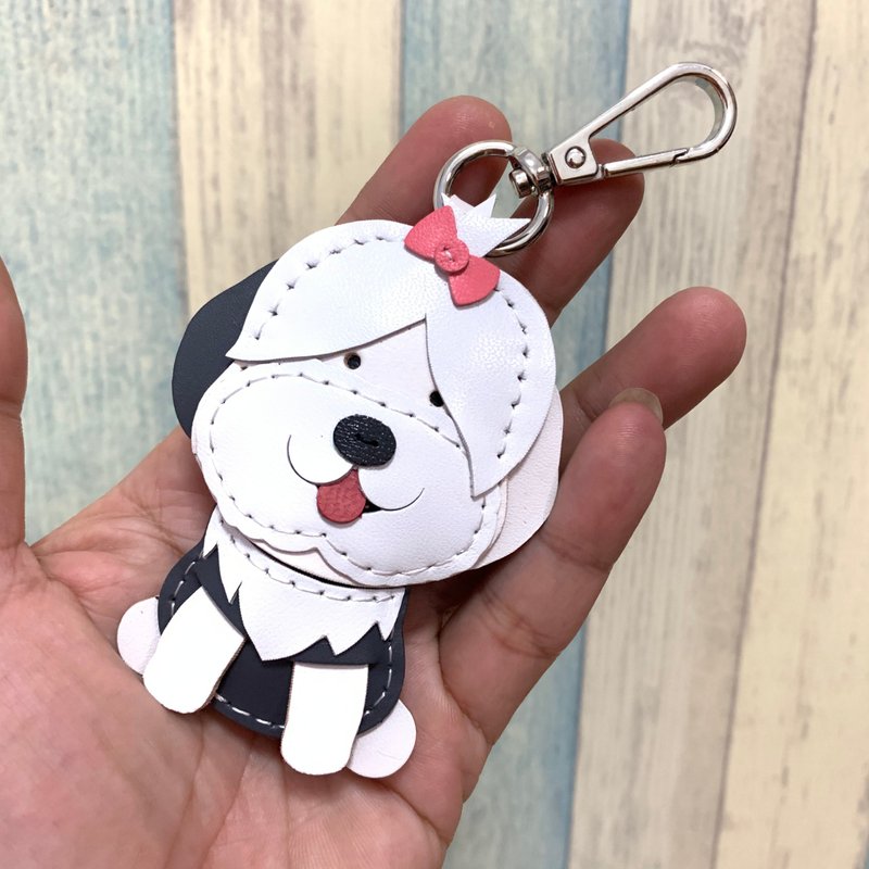 Healing Small Objects White English Ancient Sheepdog Hand-stitched Leather Keychain Small Size - ที่ห้อยกุญแจ - หนังแท้ ขาว