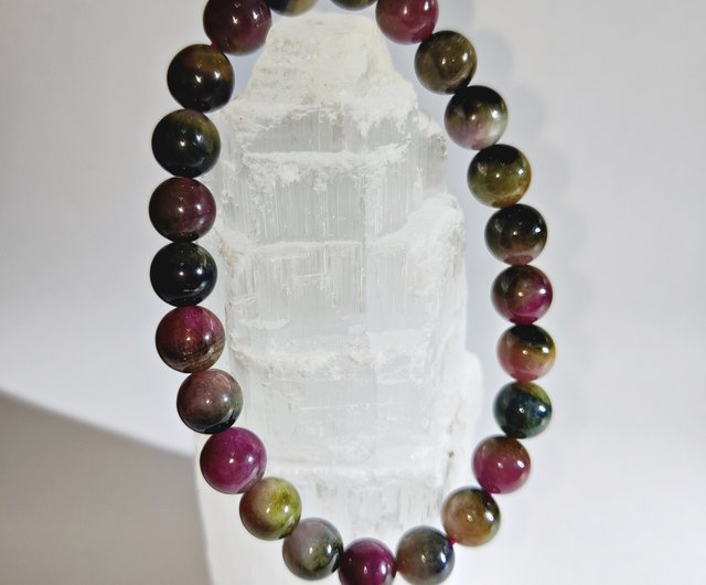 Purplish-Burgundy Watermelon Tourmaline Stretch Bracelet with Tourmaline RuYi Detachable newest Charm, 7mm+, Rare Deal!